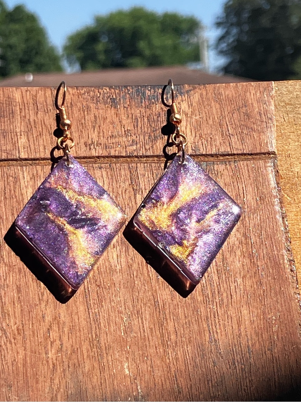 Purple and gold galaxy inspired diamond shaped resin dangle earrings